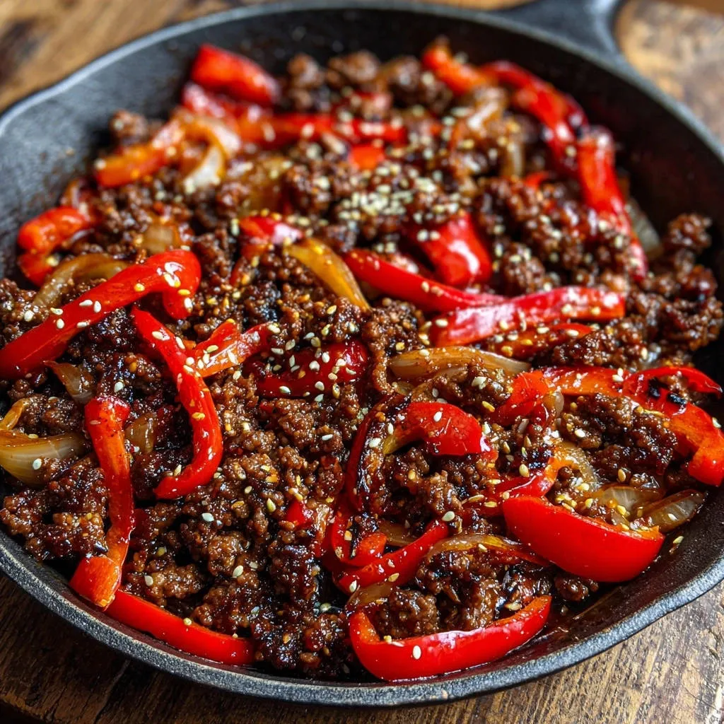 Speedy skillet beef and peppers shown in a close-up view within a cast iron pan with sesame seeds.
