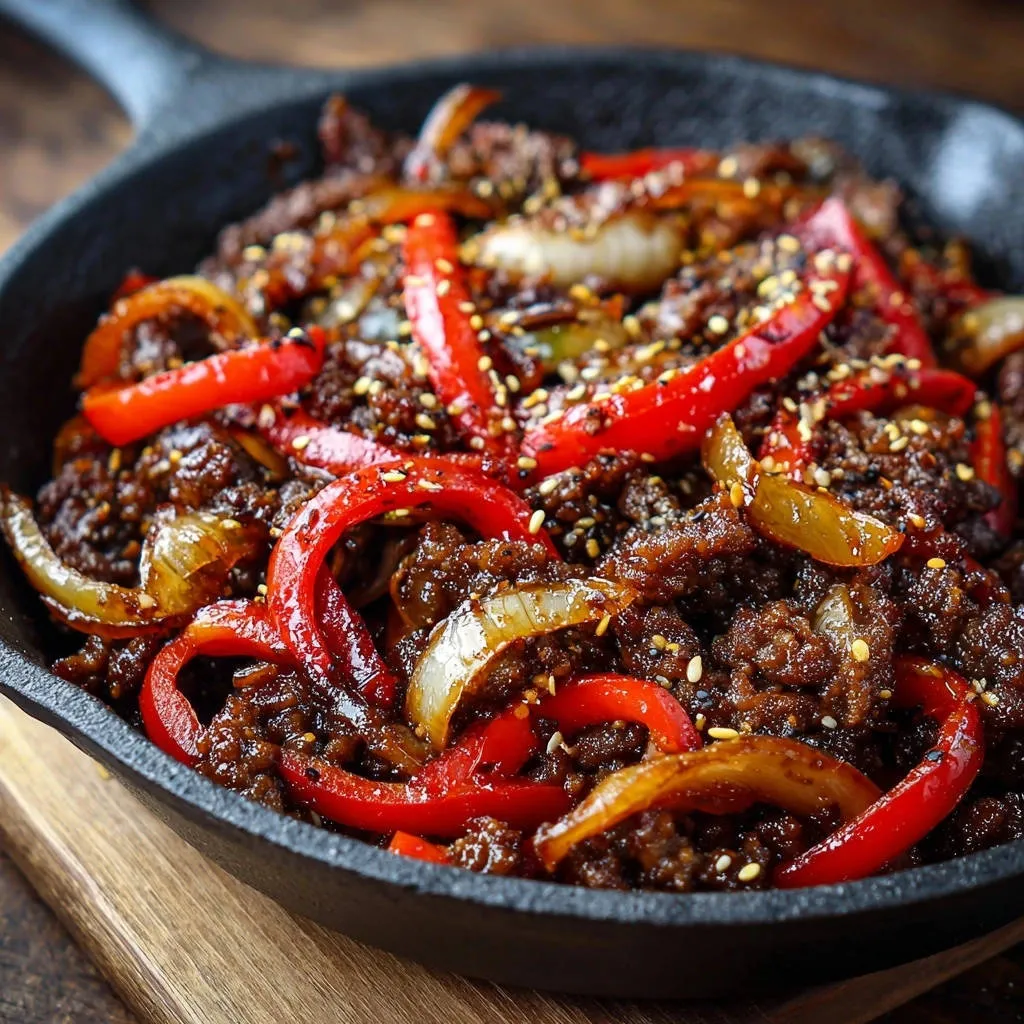 Speedy skillet beef and peppers cooked in a cast-iron pan, featuring sliced red bell peppers and onions.