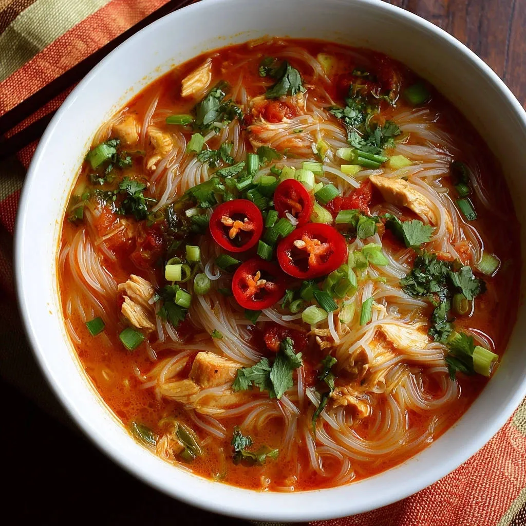 Spicy chicken noodle soup in a white bowl, garnished with chili slices, green onions, and cilantro.