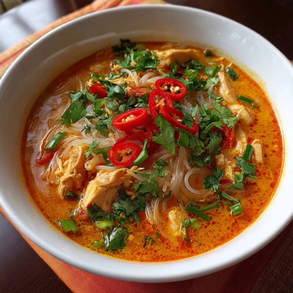 Spicy chicken noodle soup garnished with fresh cilantro, sliced red chilies, and green onions.