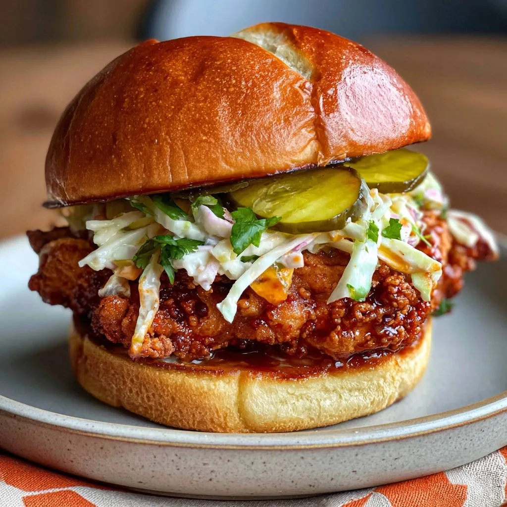 Spicy fried chicken sandwich plated on a white dish, showcasing a close-up view of the toppings and crispy chicken.