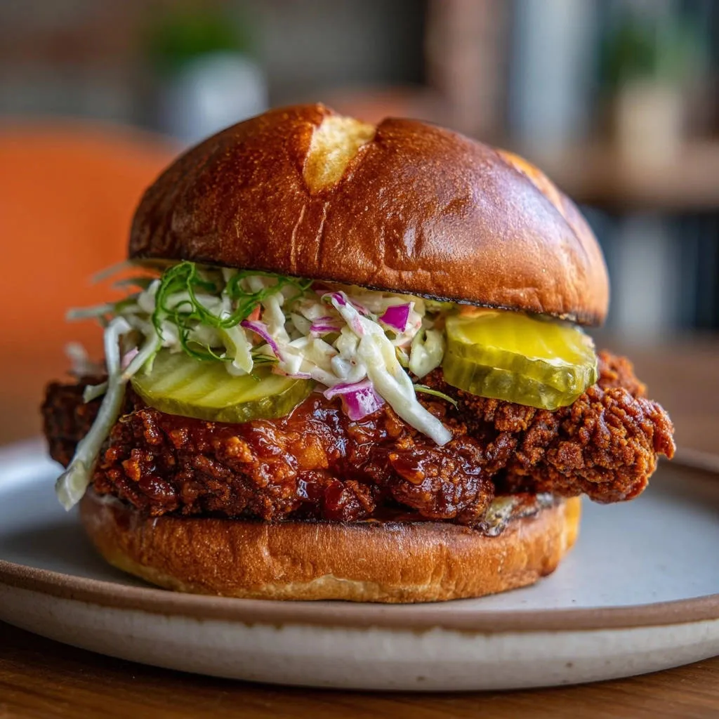 Spicy fried chicken sandwich with coleslaw and pickles, shown from a close-up side view on a plate.
