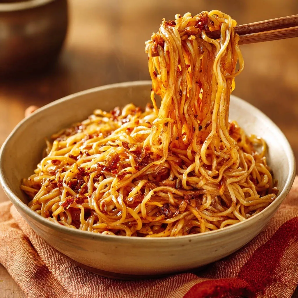 Spicy garlic noodles being lifted with chopsticks, showing the entwined noodle strands and savory sauce.
