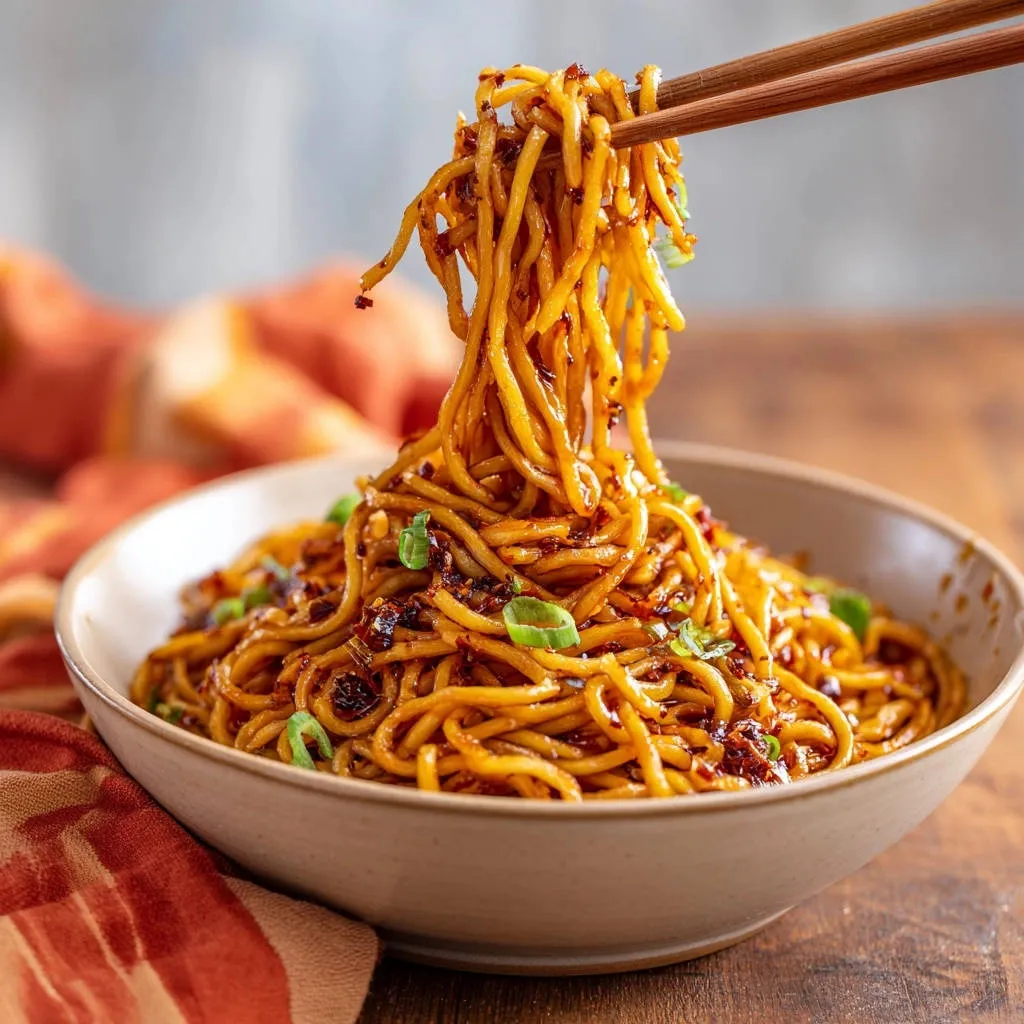 Spicy garlic noodles being lifted from a bowl with chopsticks, showcasing the clump-free noodle trick and a sprinkle of green onions.