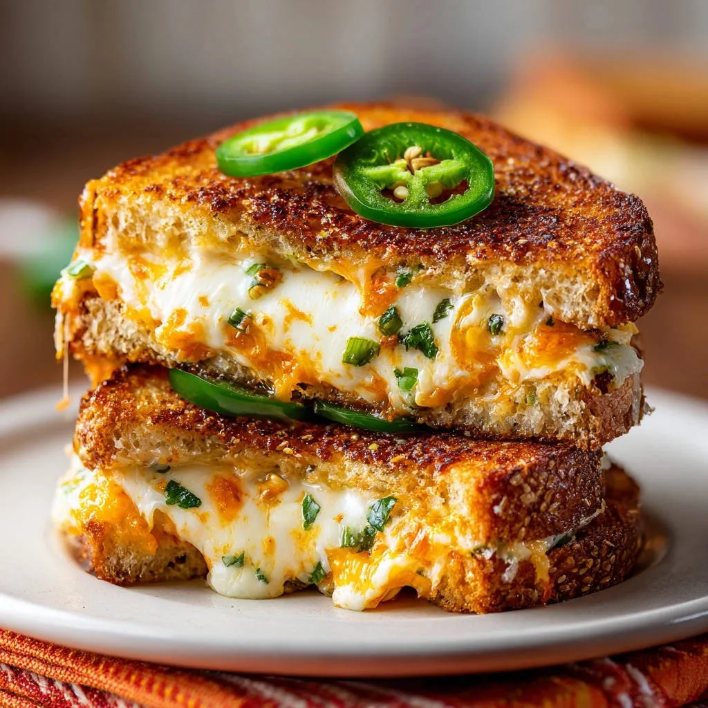 Spicy Jalapeño Grilled Cheese showing a gooey, melted interior with sliced jalapeños on top.