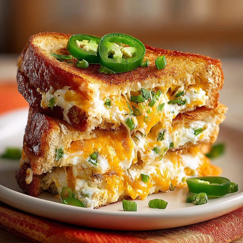 Spicy Jalapeño Grilled Cheese showing a gooey, cheesy cross-section with melted cheese and jalapeño slices.