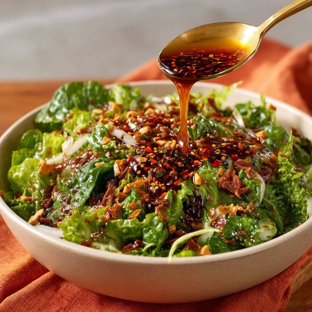 Spicy Peanut Crunch Salad with a rich dressing being poured from a spoon over the fresh greens.