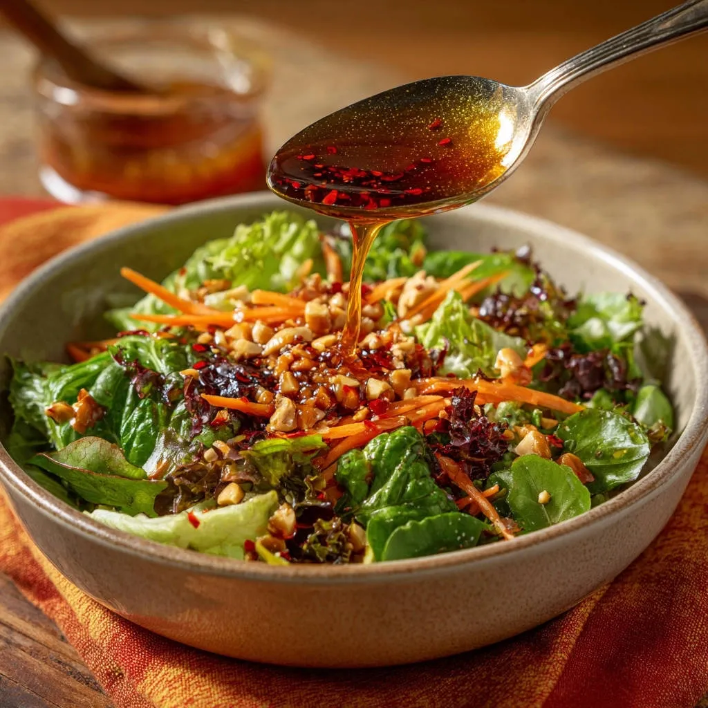Spicy Peanut Crunch Salad with dressing being poured from a spoon over the fresh greens and carrots.