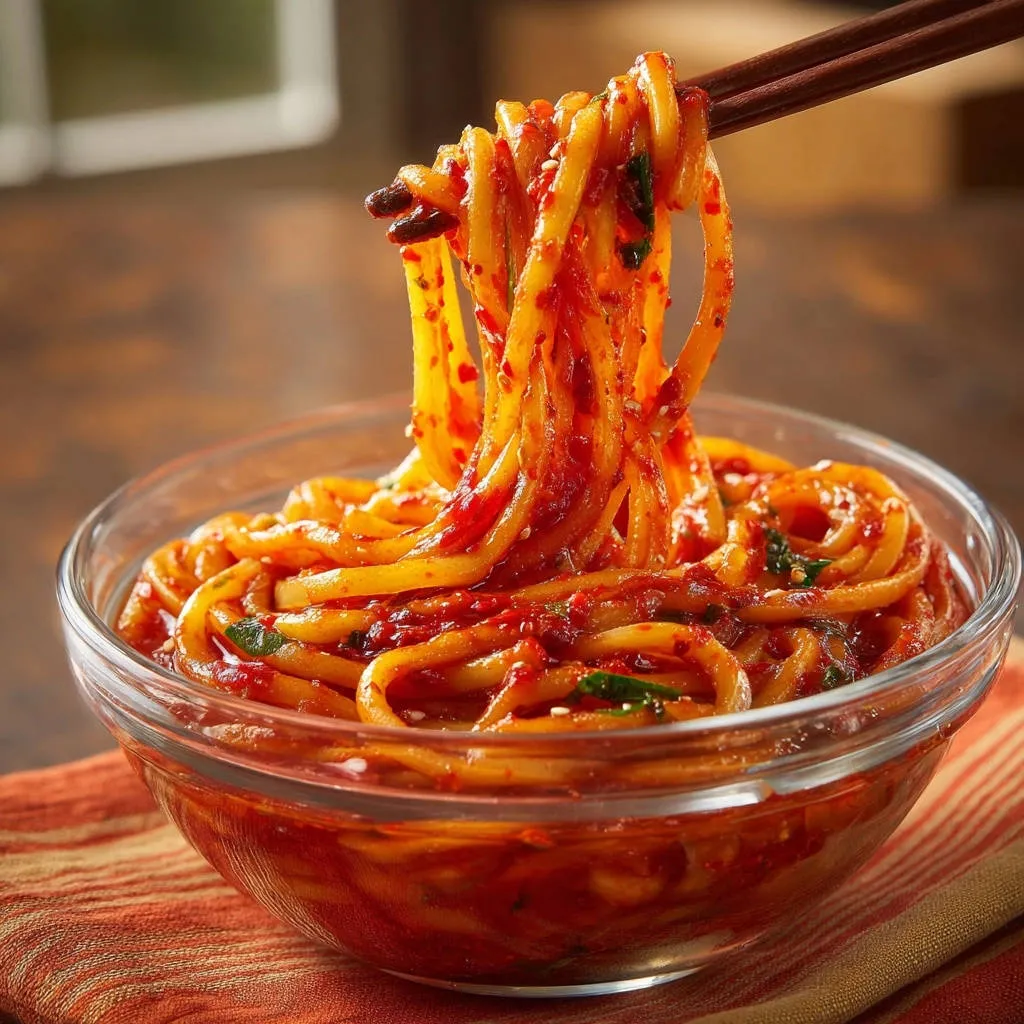 Spicy sesame noodles being lifted from a glass bowl with chopsticks, showcasing the coating.