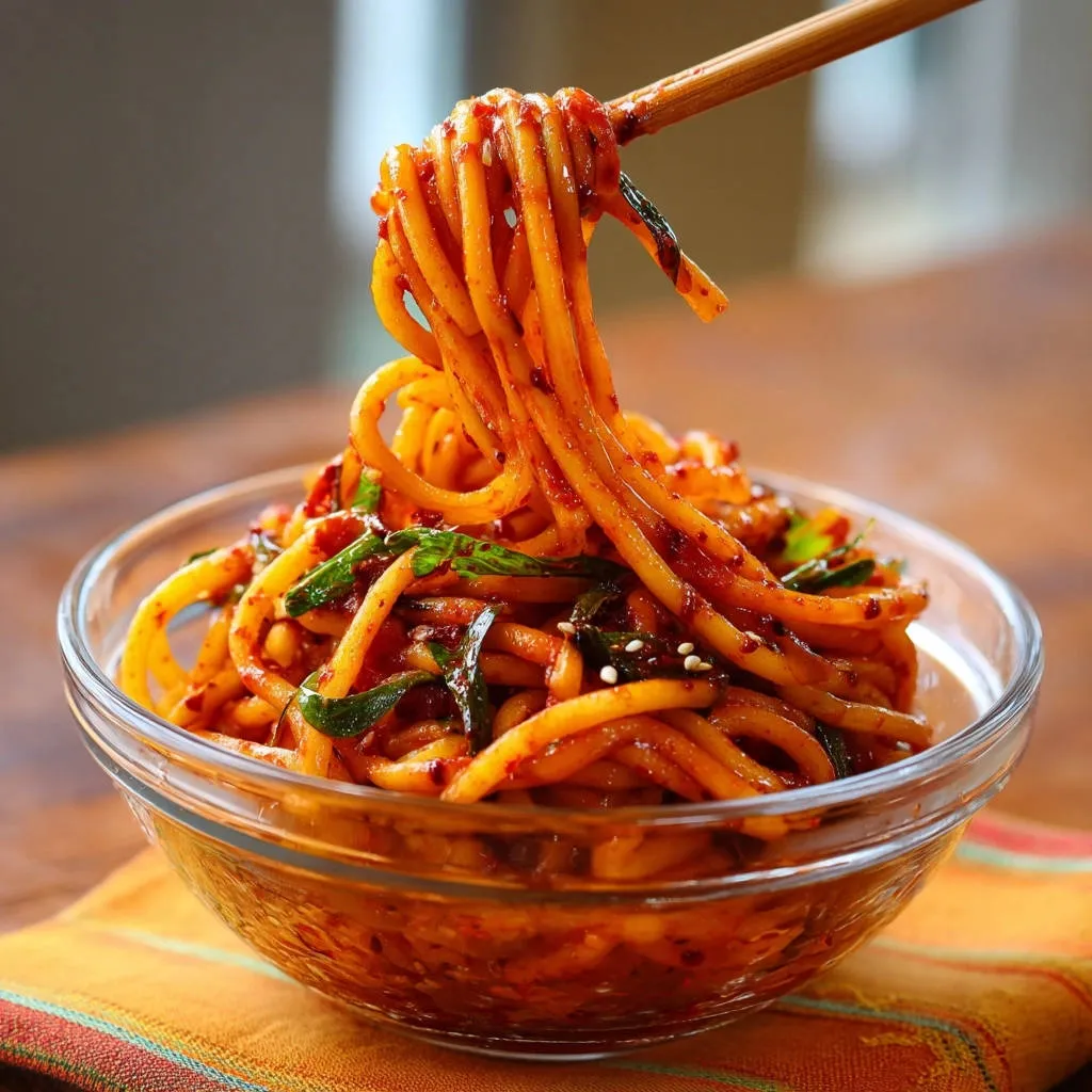 Spicy sesame noodles being lifted from a bowl with chopsticks, showcasing the glossy coating and texture.