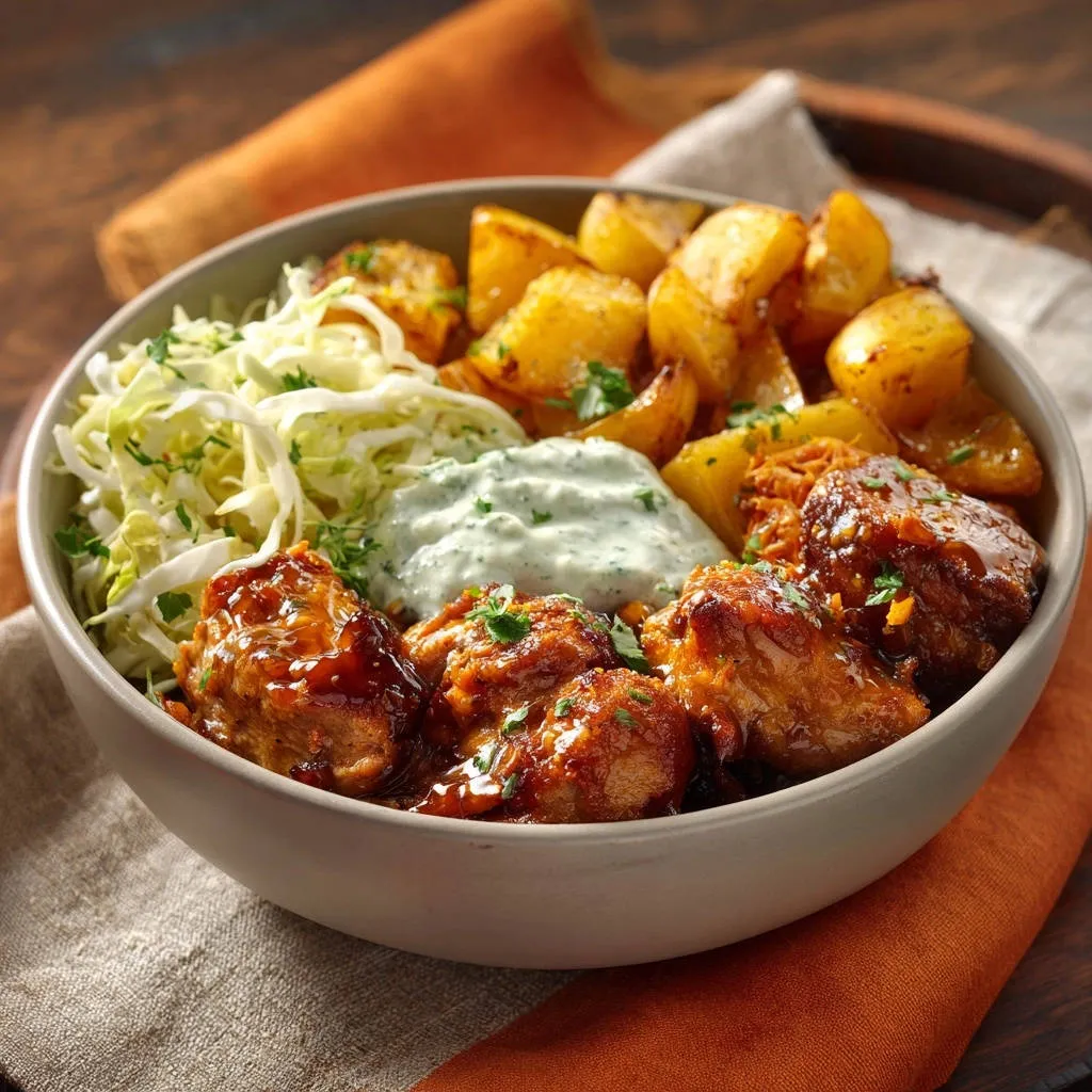 Sticky garlic chicken and potato bowl shown from an overhead perspective with coleslaw and dipping sauce.