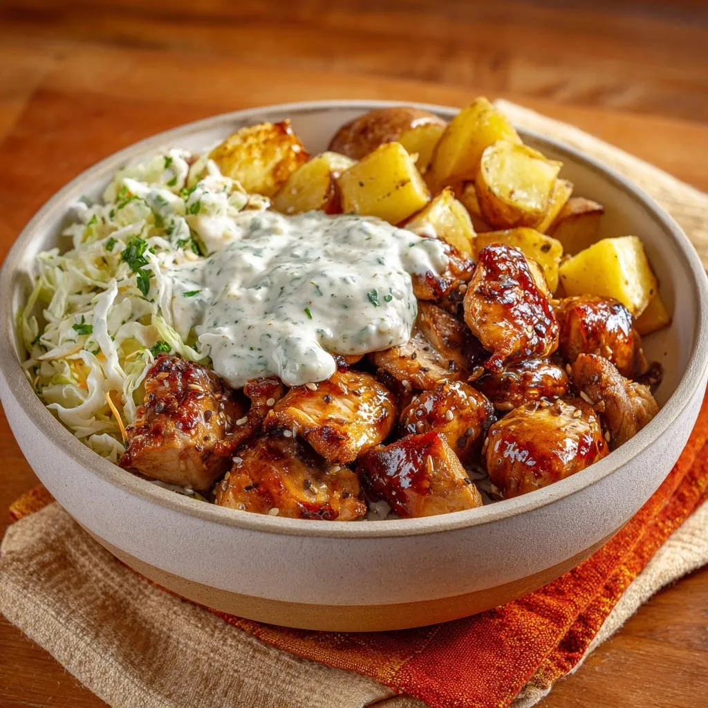 Sticky garlic chicken and potato bowl shown from a side view, featuring juicy chicken pieces, roasted potatoes, and creamy dressing.
