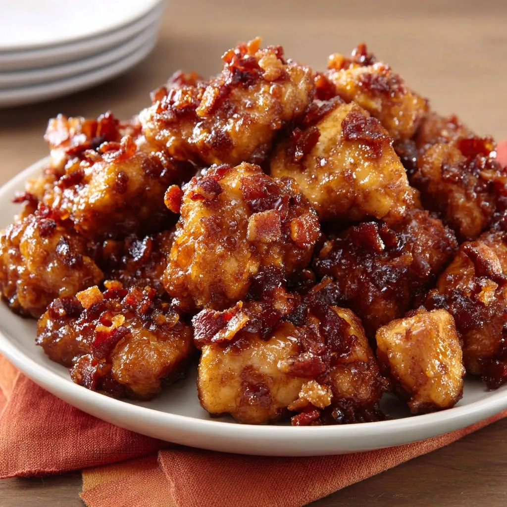 Sticky glazed chicken bites with a close-up view of the crispy bacon and glossy glaze topping.