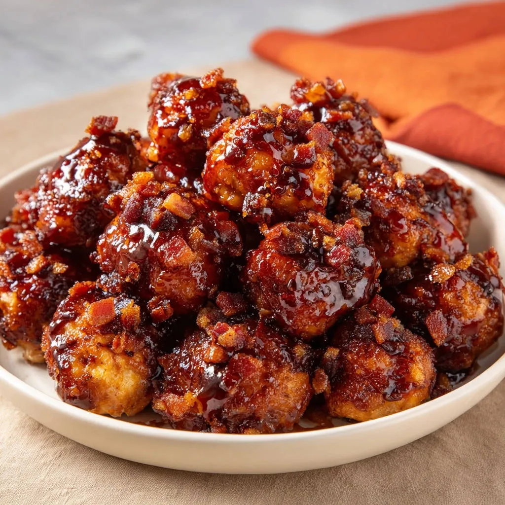 Sticky glazed chicken bites are covered in a rich sauce and topped with crumbled bacon pieces.