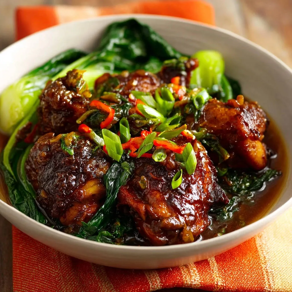 Sticky glazed chicken and bok choy, a close-up view showcasing the glistening, clingy glaze and fresh garnishes.