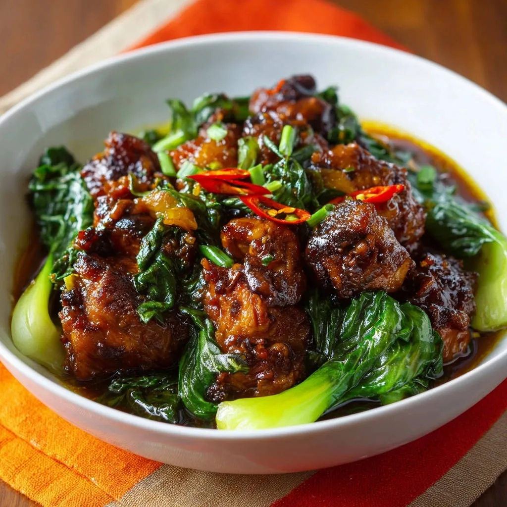 Sticky glazed chicken and bok choy dish showing the glistening, dark sauce coating the tender chicken pieces.