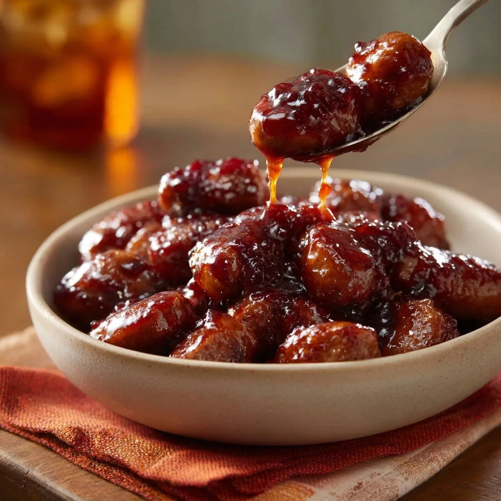 Sticky glazed cocktail meatballs being lifted from a bowl on a spoon with glaze dripping.