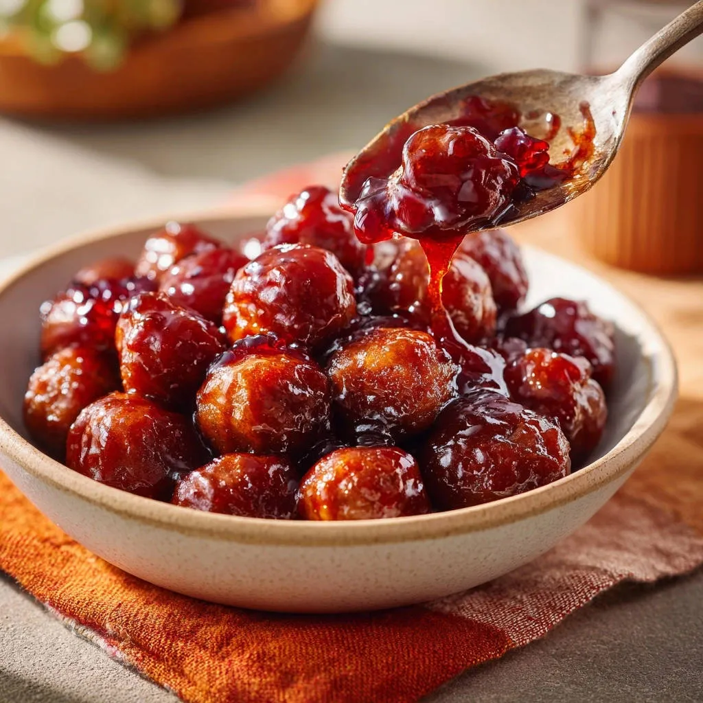 Sticky glazed cocktail meatballs being scooped from a bowl with a wooden spoon, showing the glistening sauce.