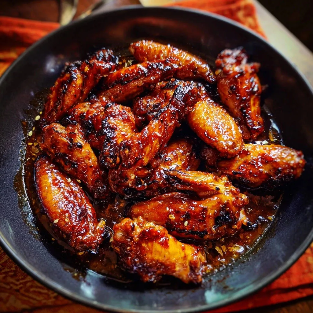 Sticky sweet glazed chicken wings in a bowl, showing the shiny glaze and sesame seeds.