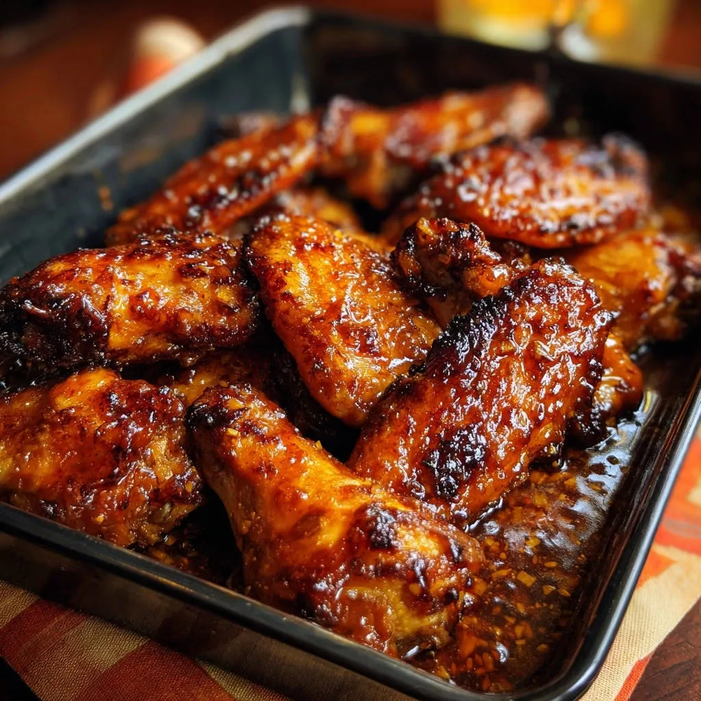 Sticky sweet glazed chicken wings glistening in a baking pan, showing their rich, glossy coating.