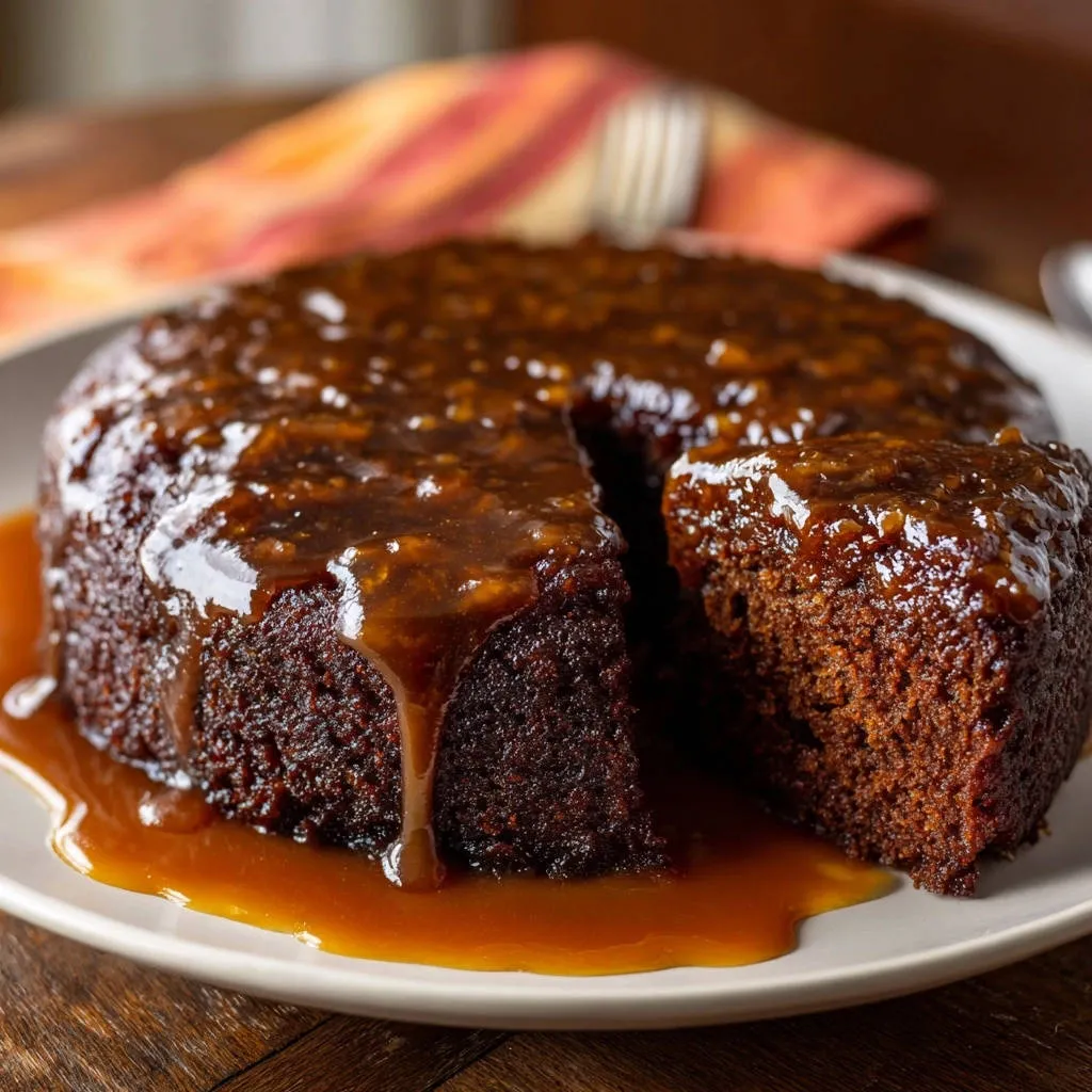 Sticky toffee pudding with a rich caramel glaze, showing a slice with its moist interior.