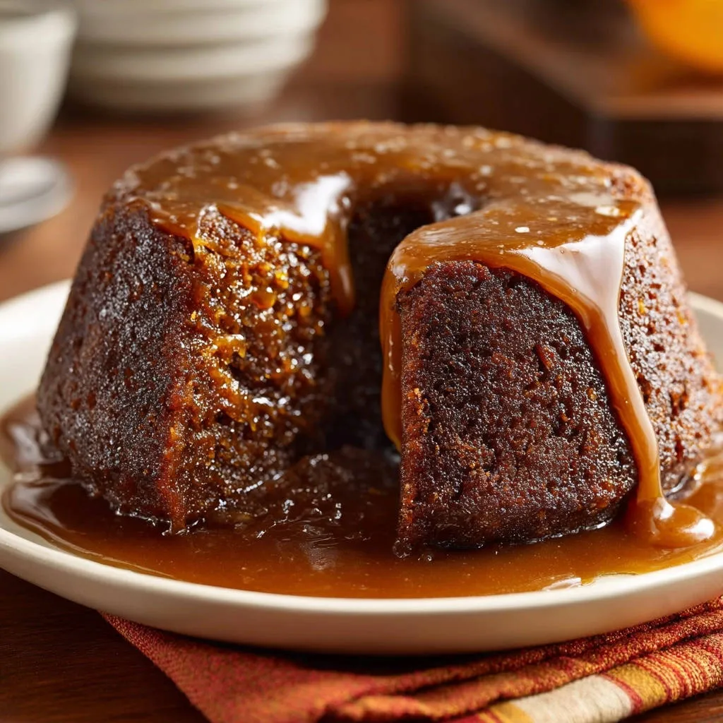 Sticky toffee pudding with a rich caramel glaze dripping down its sides, presented on a white plate.