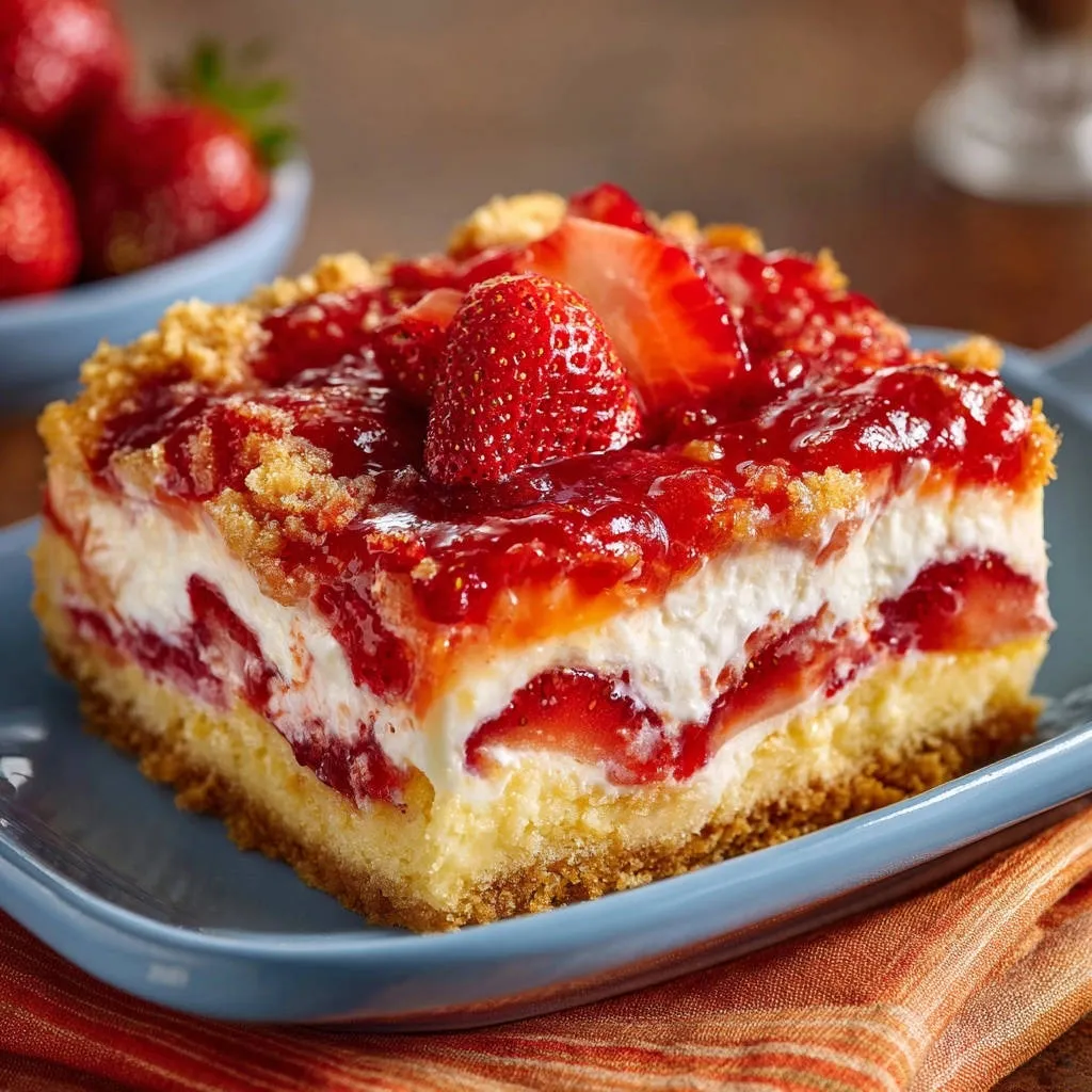 Creamy Layered Strawberry Delight shown in a close-up cross-section revealing its rich, creamy layers and fresh strawberries.