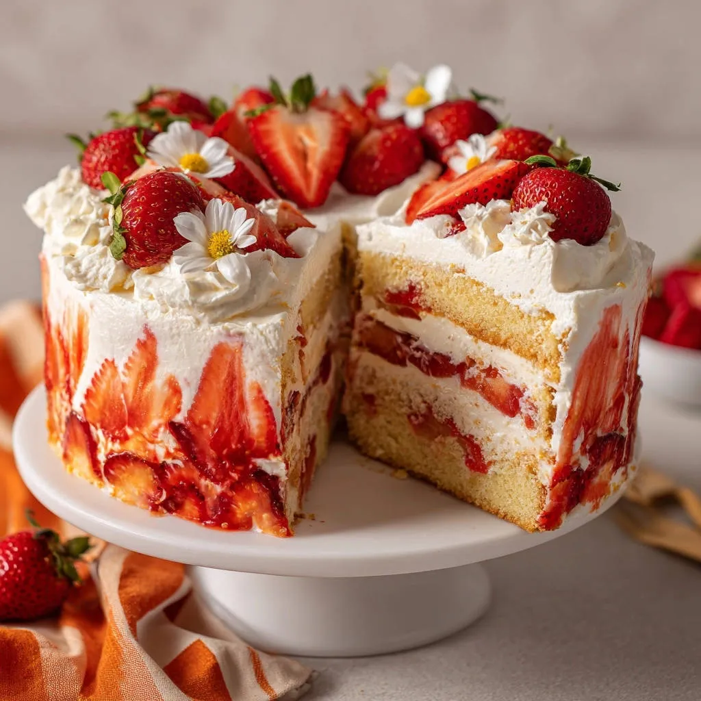 Strawberry Dream Cake cross-section showing layers of cake, cream, and fresh strawberries, garnished with whole berries.