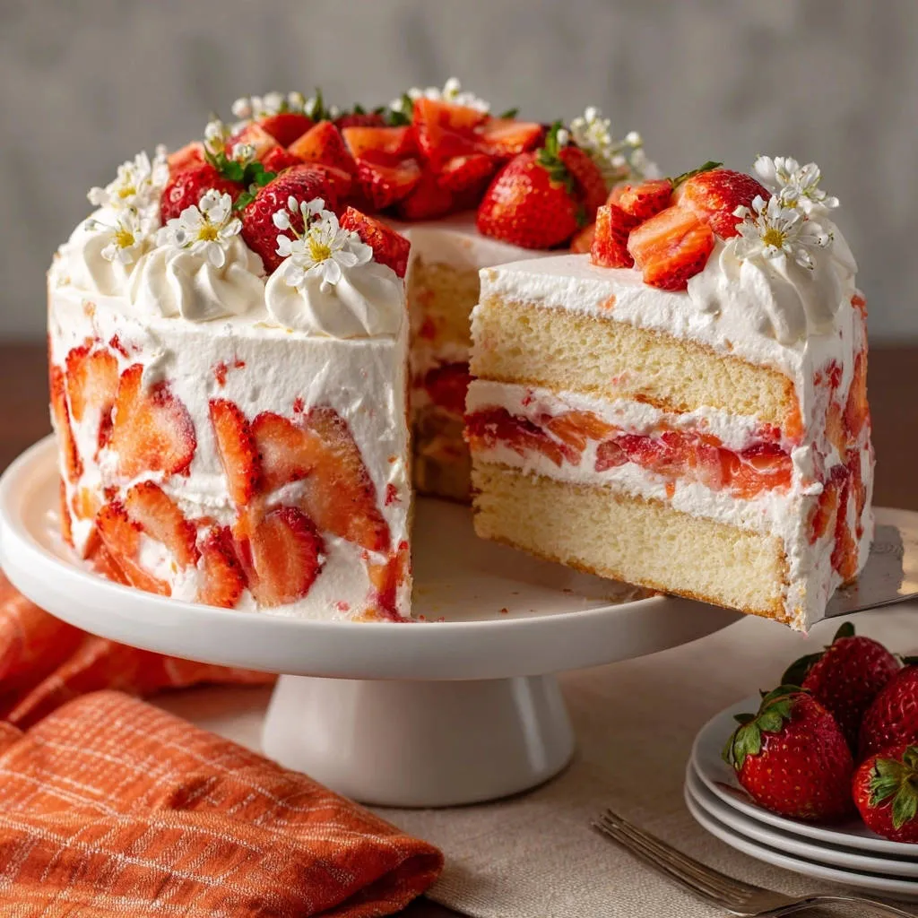 Strawberry Dream Cake with a slice removed to show layers of cake, cream, and fresh strawberries.