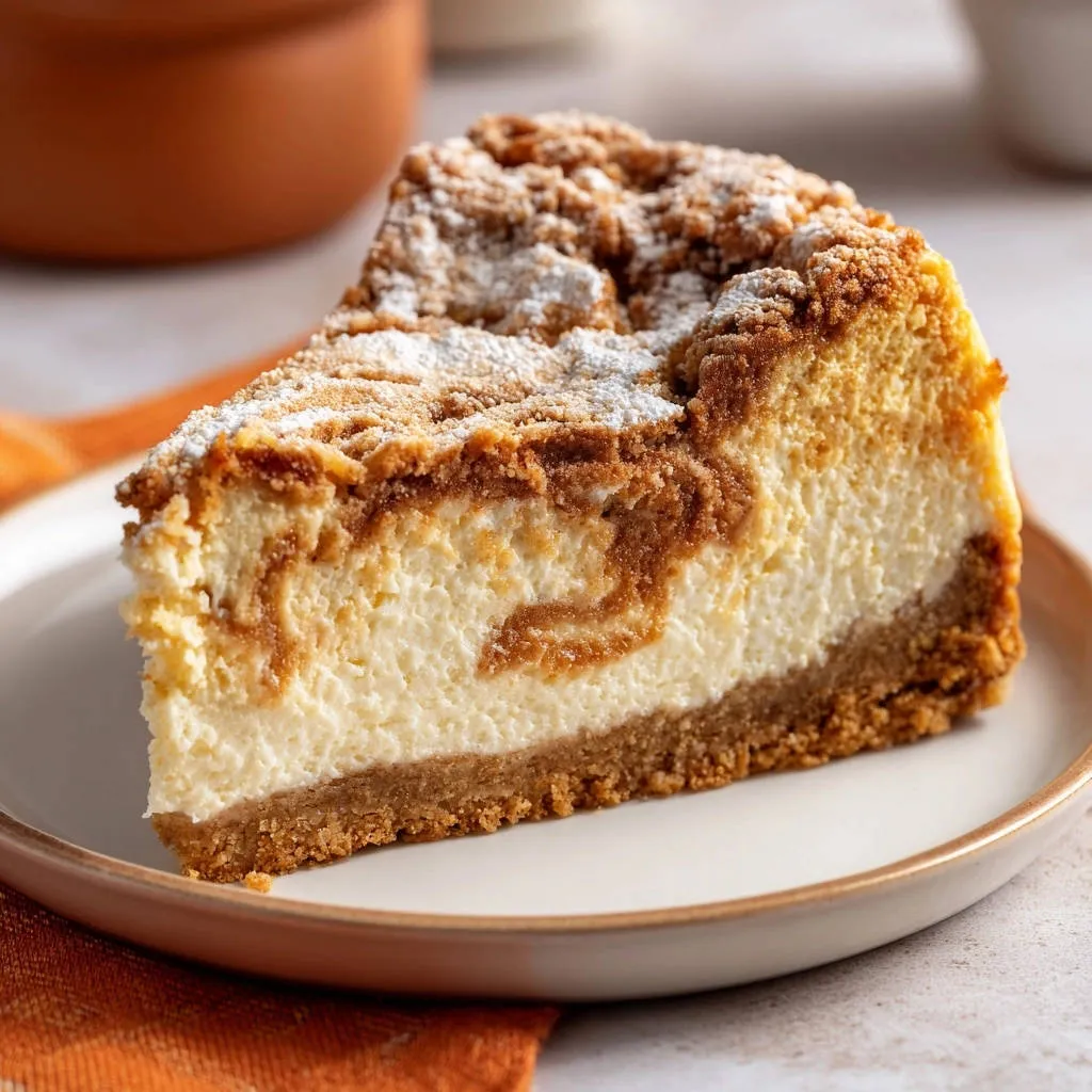 Streusel swirl cheesecake slice showing a creamy interior with a graham cracker crust and crumb topping.