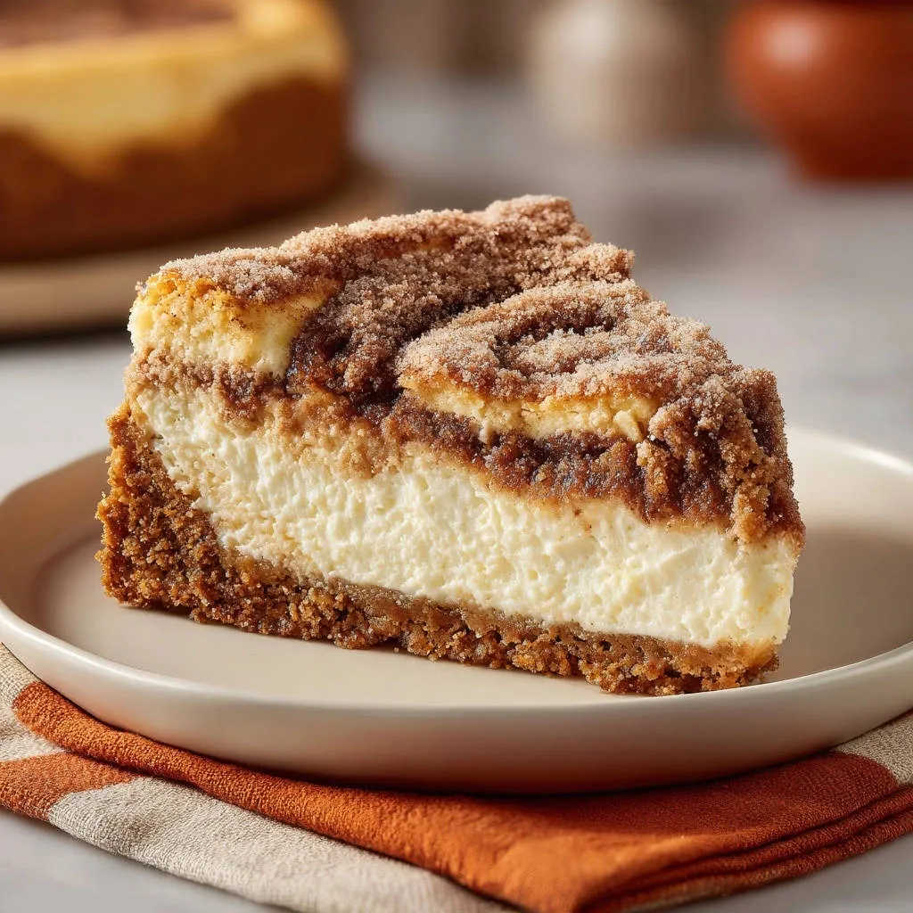 Streusel swirl cheesecake slice served on a plate, showcasing a rich crumb crust and creamy filling.