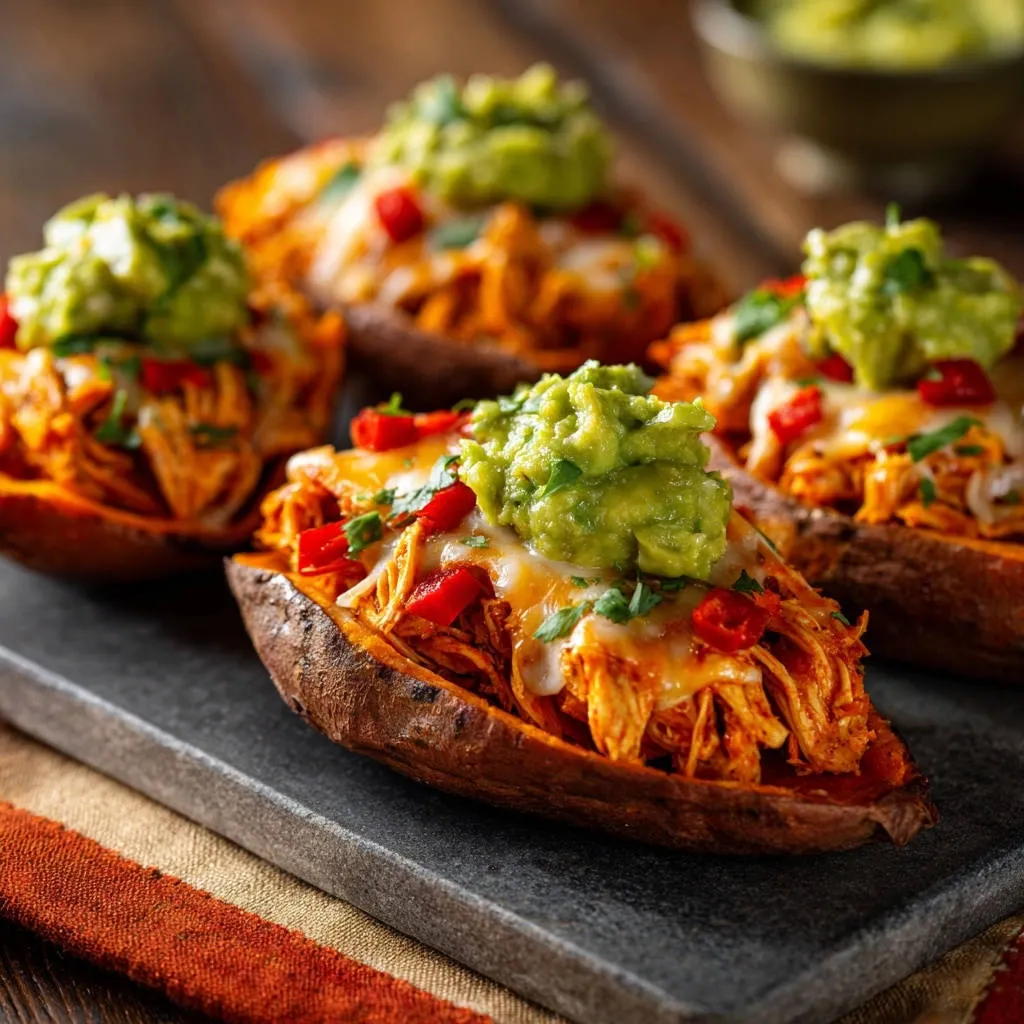 Stuffed buffalo chicken sweet potatoes topped with guacamole and red peppers, served on a platter.