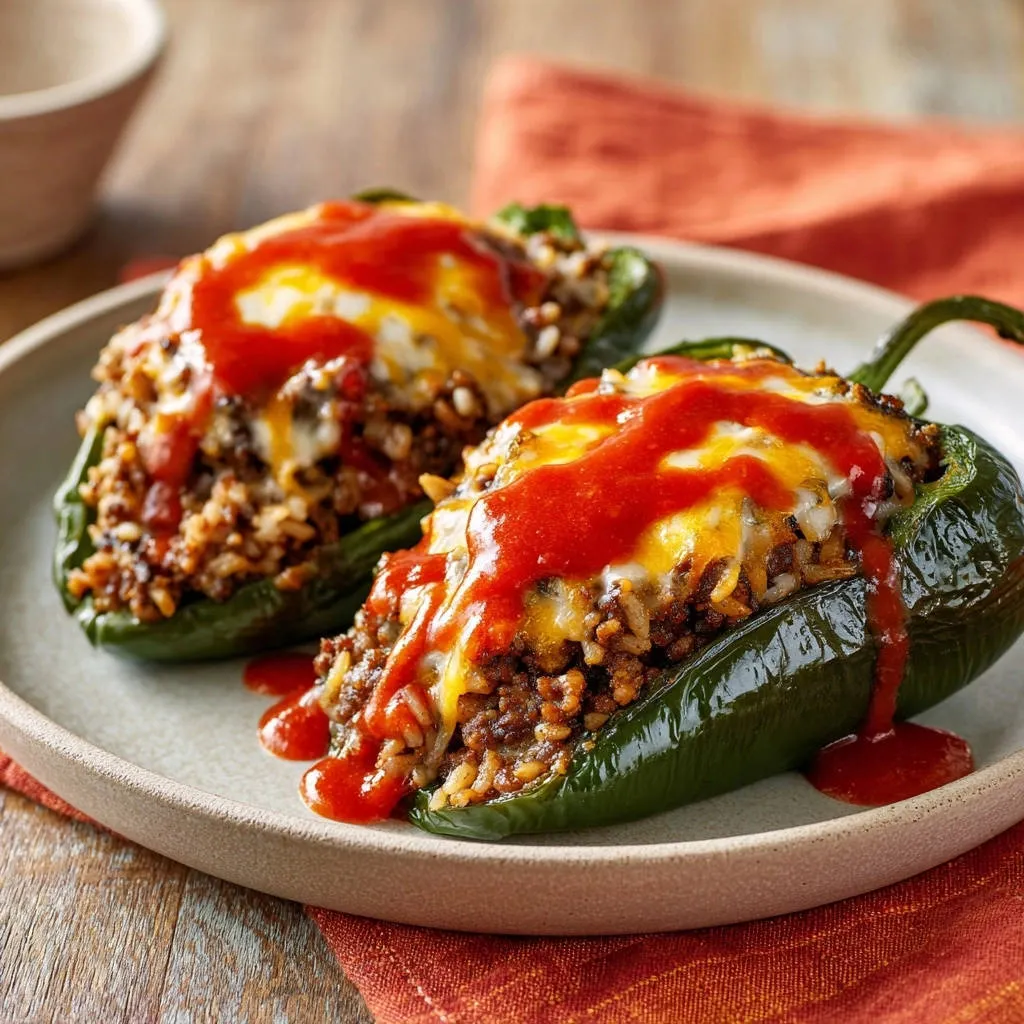 Stuffed poblano peppers with a cheesy melted topping, drizzled with red sauce on a plate.