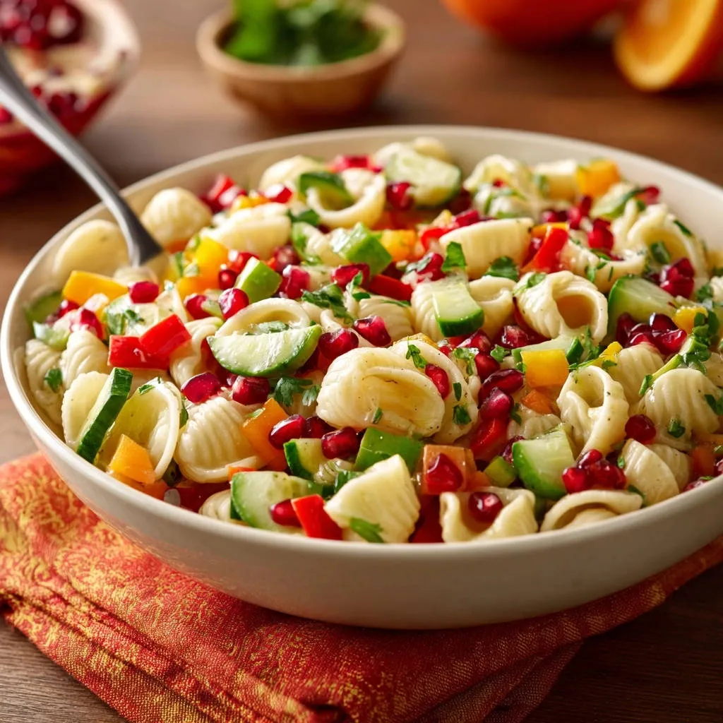 Vibrant summer pasta salad with pasta, cucumber, bell peppers, and pomegranate seeds in a bowl.
