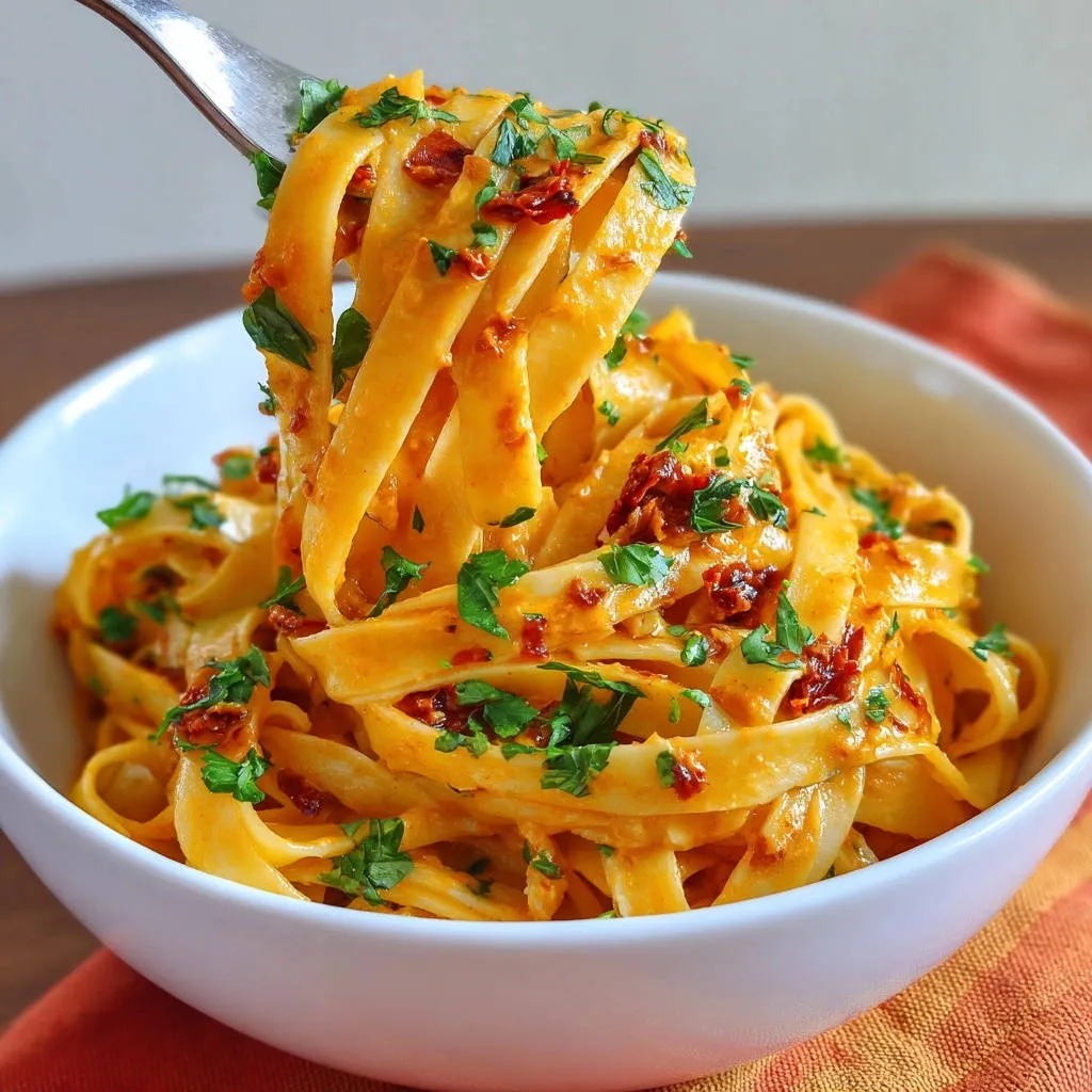 Sun-dried tomato & parsley fettuccine being lifted from a bowl on a fork, showing creamy sauce clinging to the pasta.