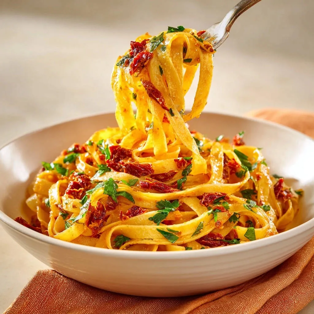 Sun-dried tomato and parsley fettuccine, with a forkful lifted to show the clinging sauce.