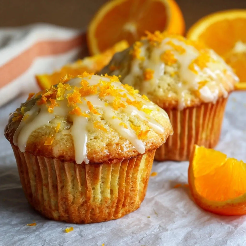 Sunny orange muffins glazed with white icing and topped with fresh orange zest, with oranges in the background.