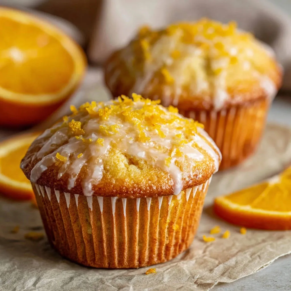 Sunny orange muffins glazed with white icing and topped with fresh orange zest, presented with orange slices.