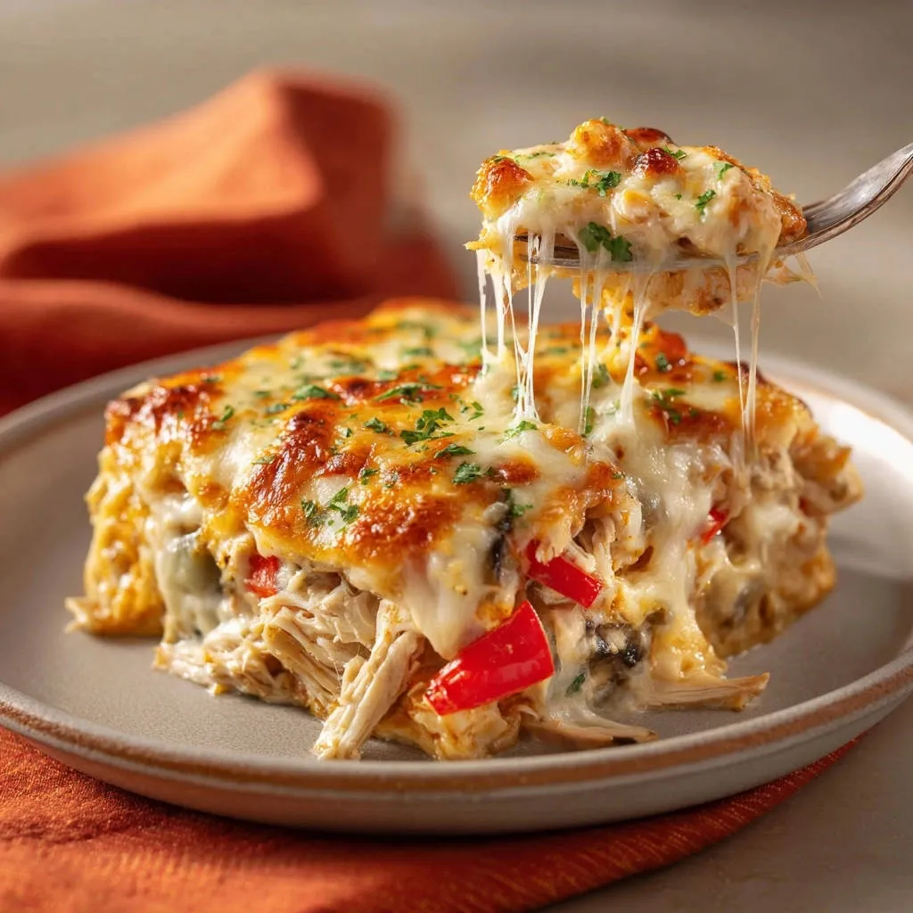 Supreme Chicken Bake with melted cheese being lifted on a fork, showcasing a juicy interior.