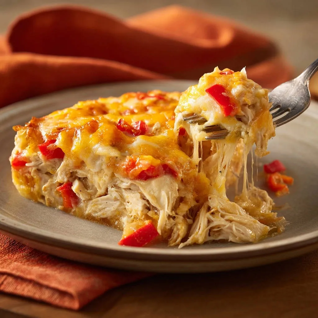 Supreme chicken bake with a fork lifting a cheesy, shredded chicken and red pepper portion.