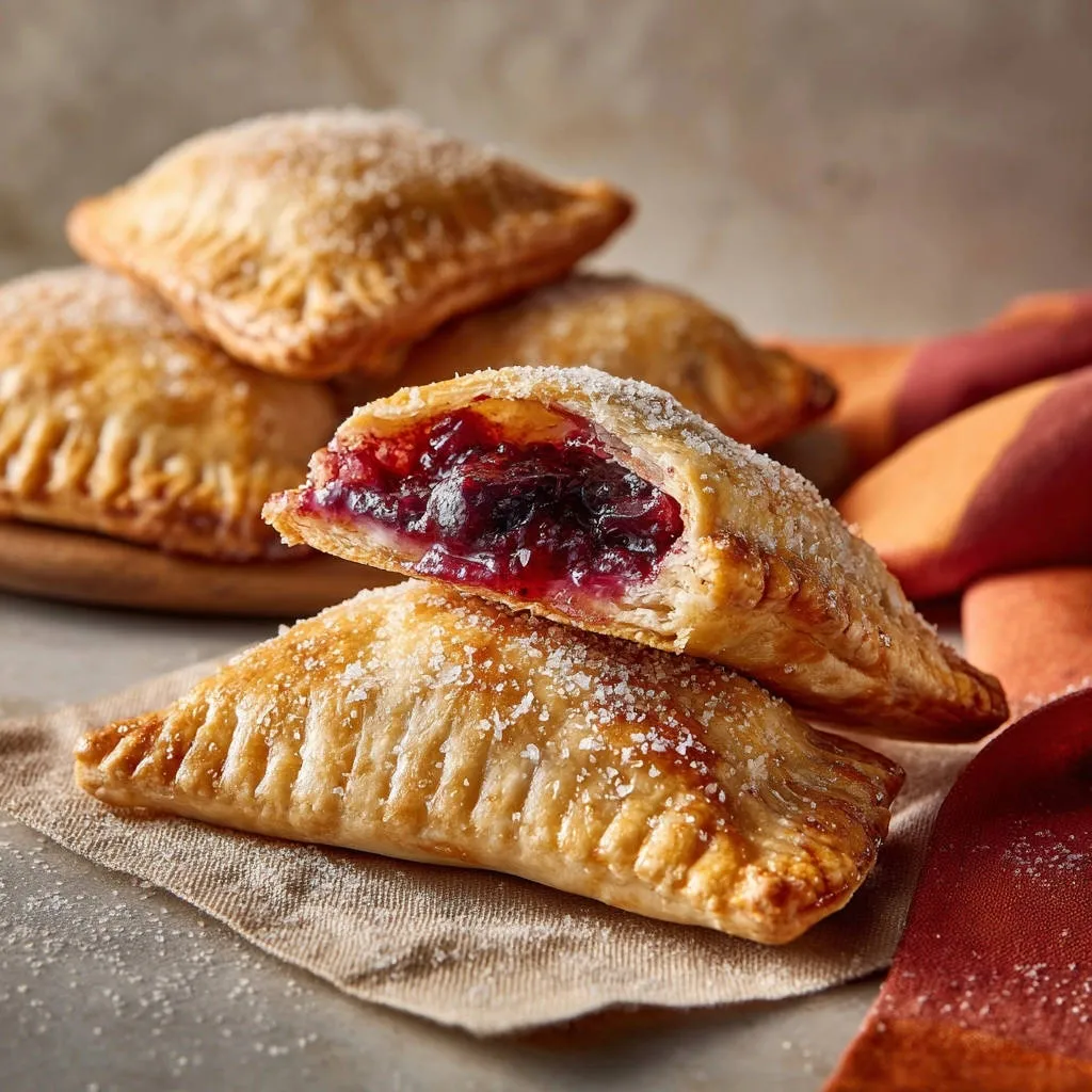 Sweet berry hand pies shown in a cross-section, stacked with a close-up view of the juicy berry filling.