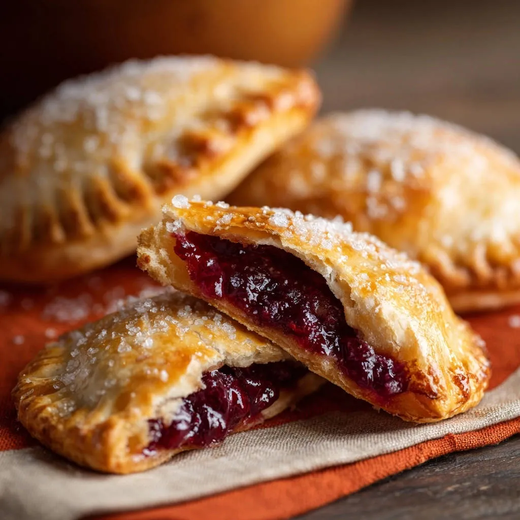 Sweet berry hand pies shown in a close-up cross-section, revealing the juicy berry filling and golden pastry.