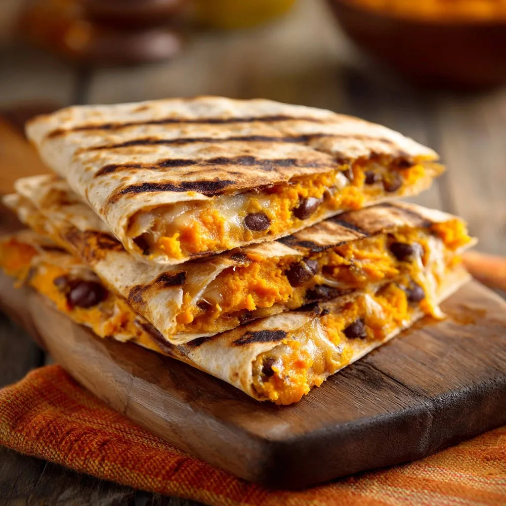 Sweet potato and chicken quesadillas shown in a close-up cross-section, revealing the filling of sweet potato and black beans.