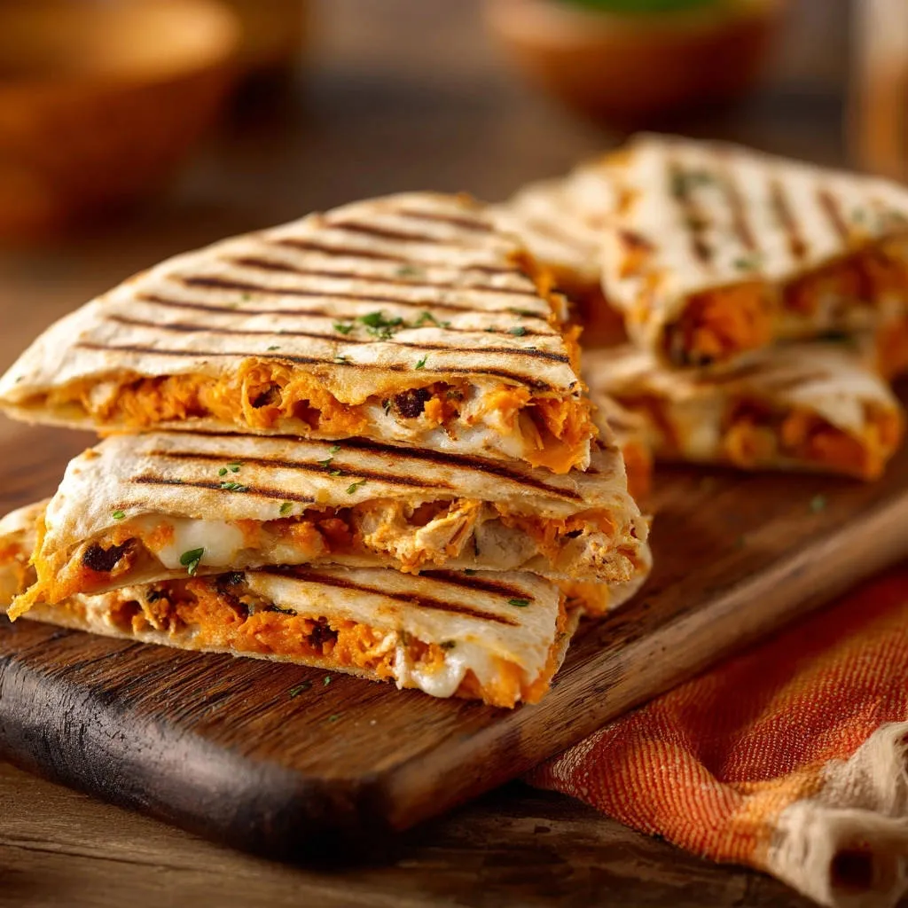 Sweet potato and chicken quesadillas showing a detailed cross-section of the grilled filling and melted cheese.