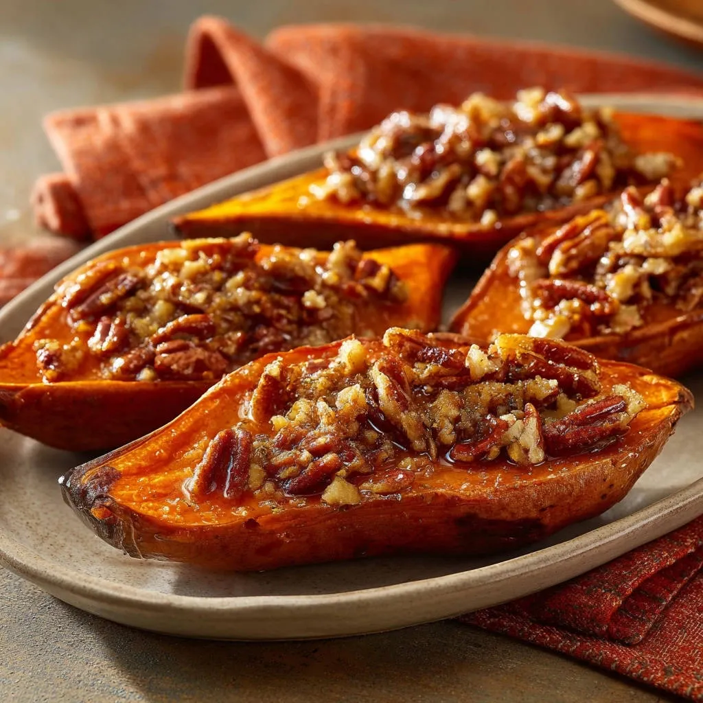 Sweet potato pecan halves served on a plate, showcasing a close-up view of the tender sweet potato and crunchy pecan topping.
