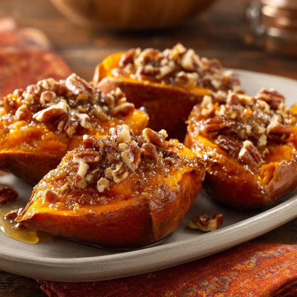 Sweet potato pecan halves, a close-up view showing the glossy glaze and chopped pecans on the tender baked sweet potato.