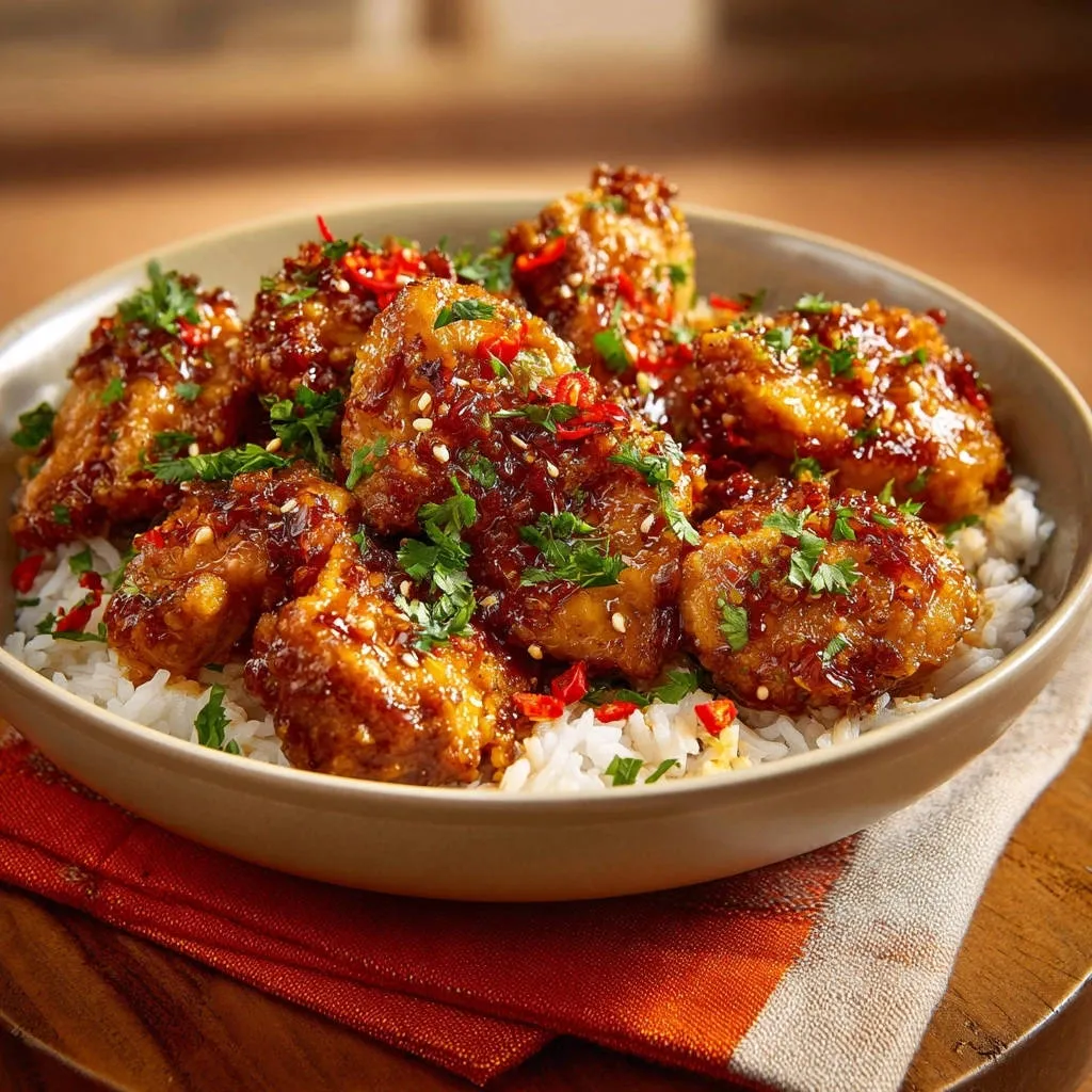 Sweet & Spicy Glazed Chicken Bites served over rice, with a close-up view of the glistening glaze and fresh garnish.