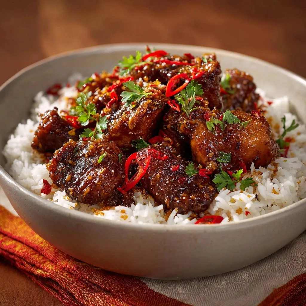 Sweet & Spicy Glazed Chicken Bites served over white rice, garnished with chili slices and parsley.