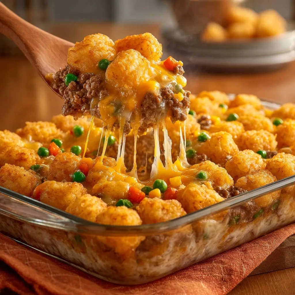 Tater tot hotdish with a cheesy scoop being lifted, showing melted cheese and ground beef.
