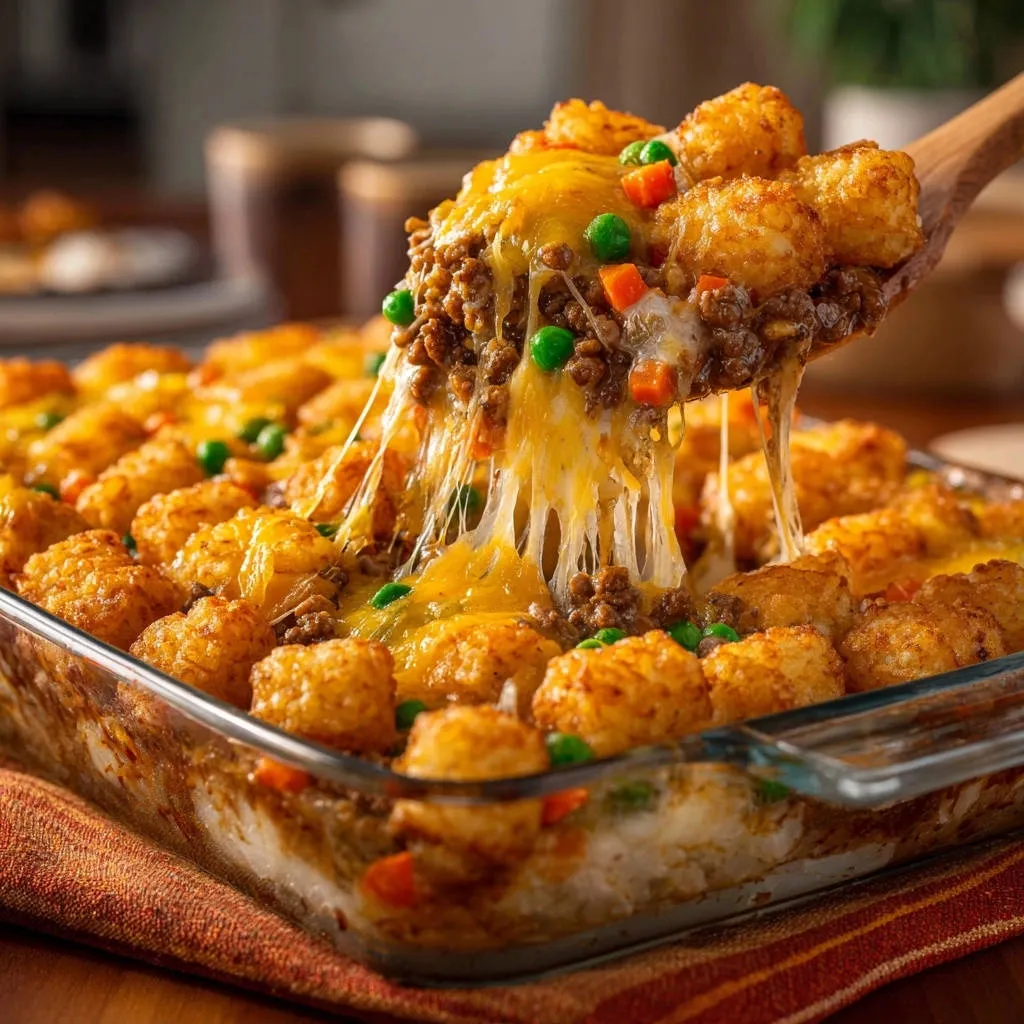 Tater tot hotdish being lifted with a wooden spoon, showing melted cheese stretching from the hearty ground beef and vegetable filling.